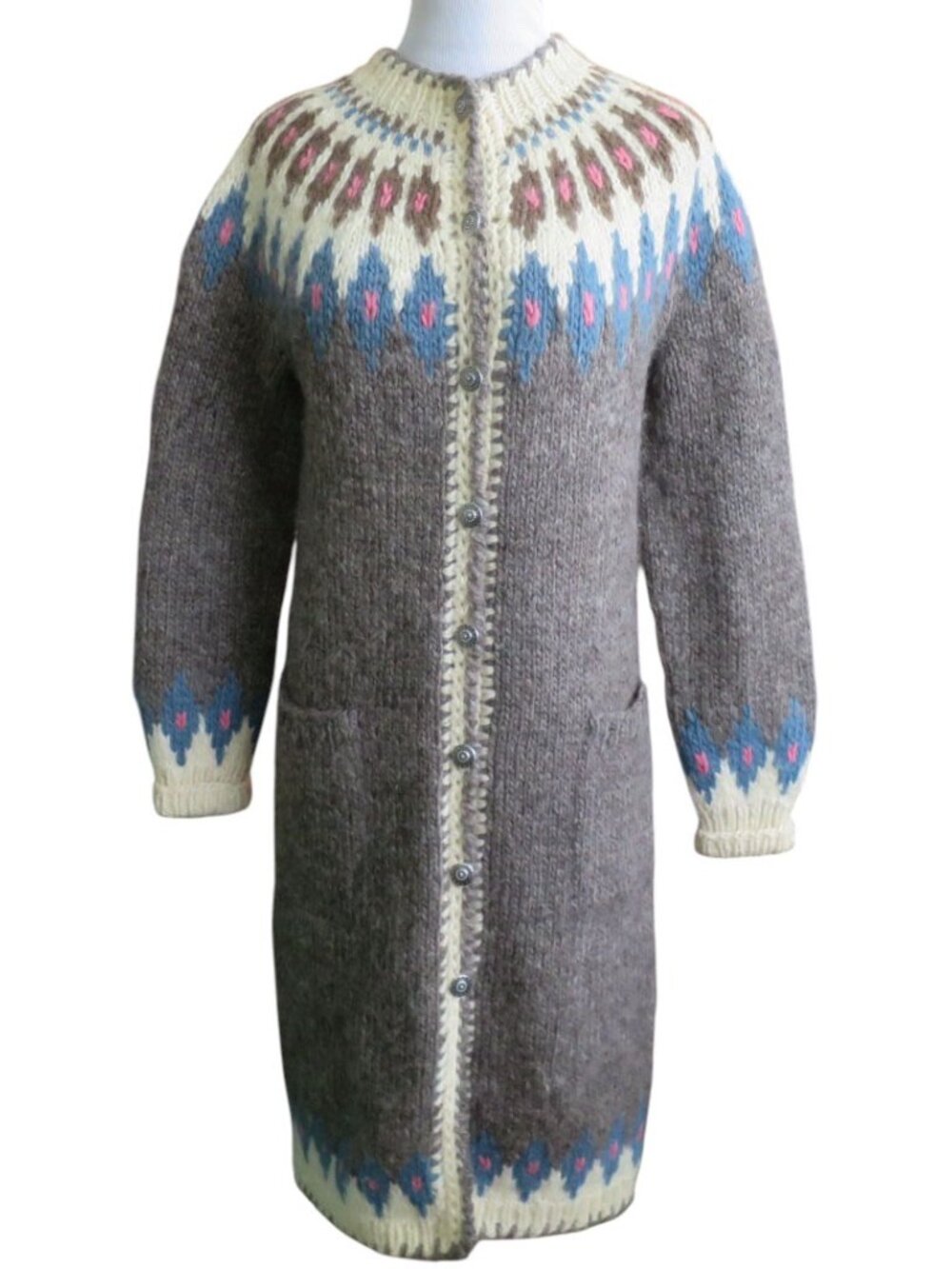 Vintage Hand Knit Icelandic Long Cardigan Sweater S